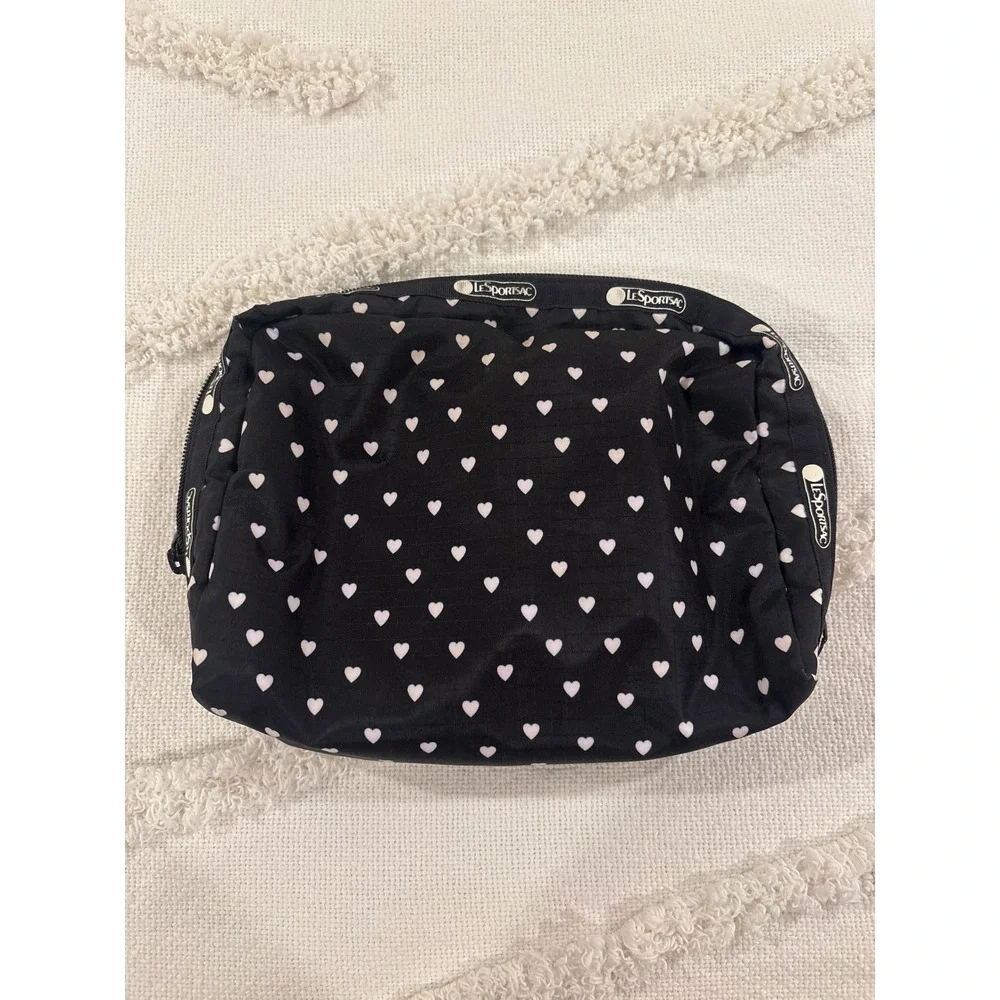 LeSportsac Black White Heart Print Nylon Cosmetic Bag Travel Organizer Pouch 8x6